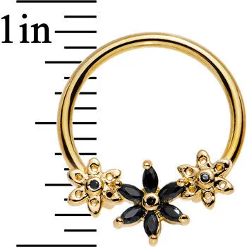 14 Gauge 5/8 Black CZ Gem Gold Tone Daisy Flower Chain BCR Captive Ring
