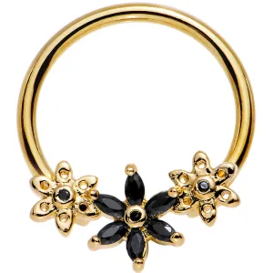 14 Gauge 5/8 Black CZ Gem Gold Tone Daisy Flower Chain BCR Captive Ring