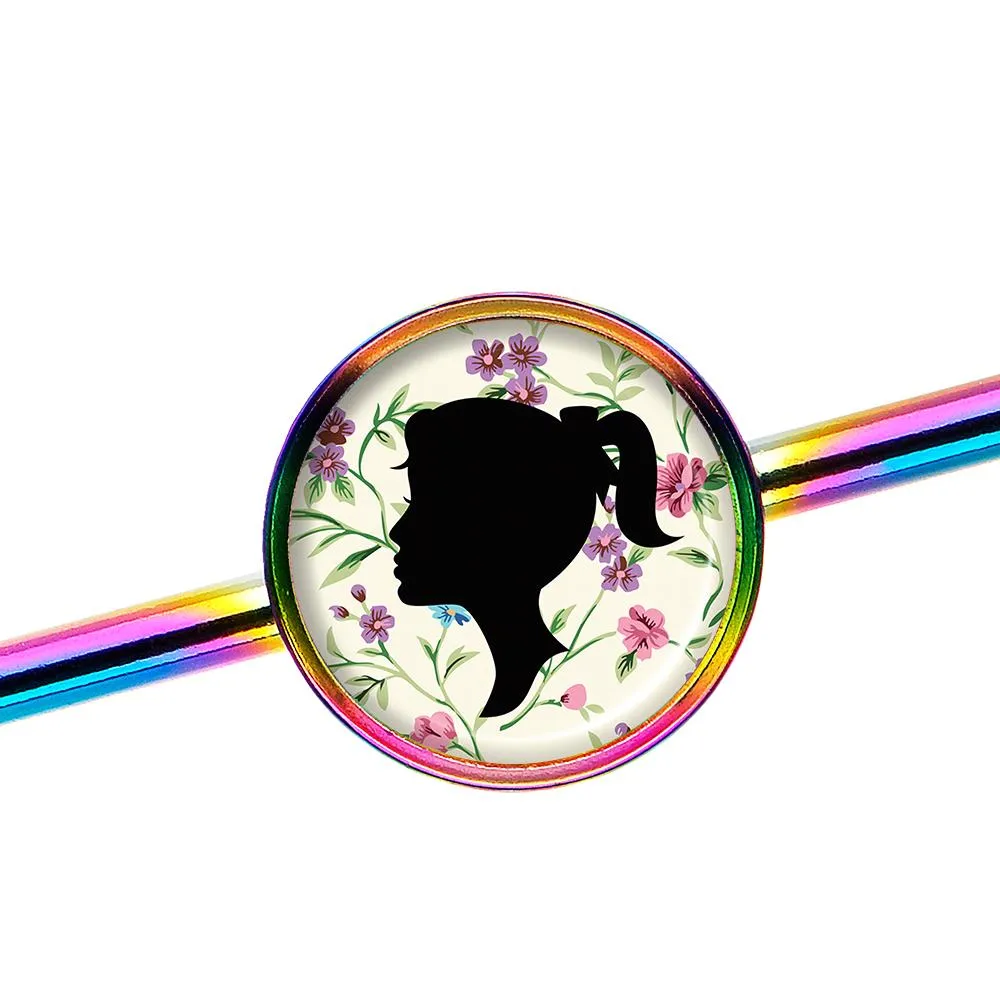 14 Gauge Woman Floral Silhouette Rainbow Industrial Barbell 37mm