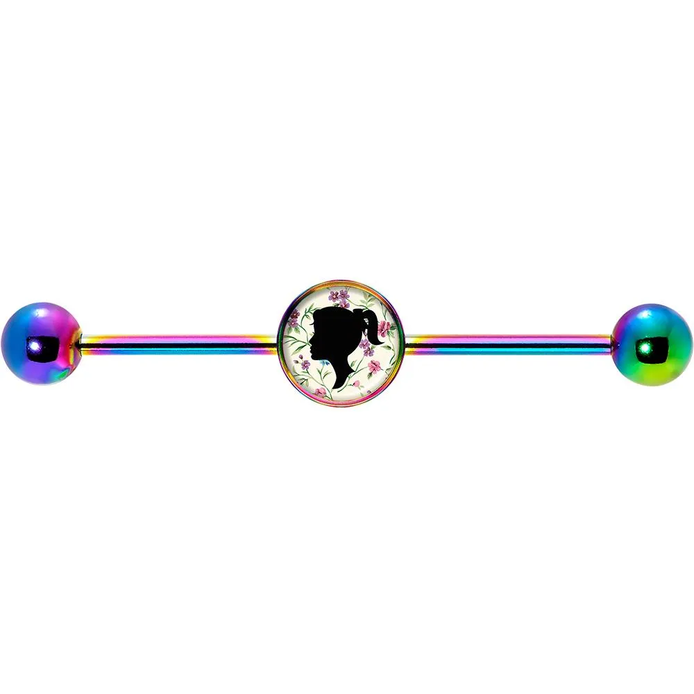 14 Gauge Woman Floral Silhouette Rainbow Industrial Barbell 37mm