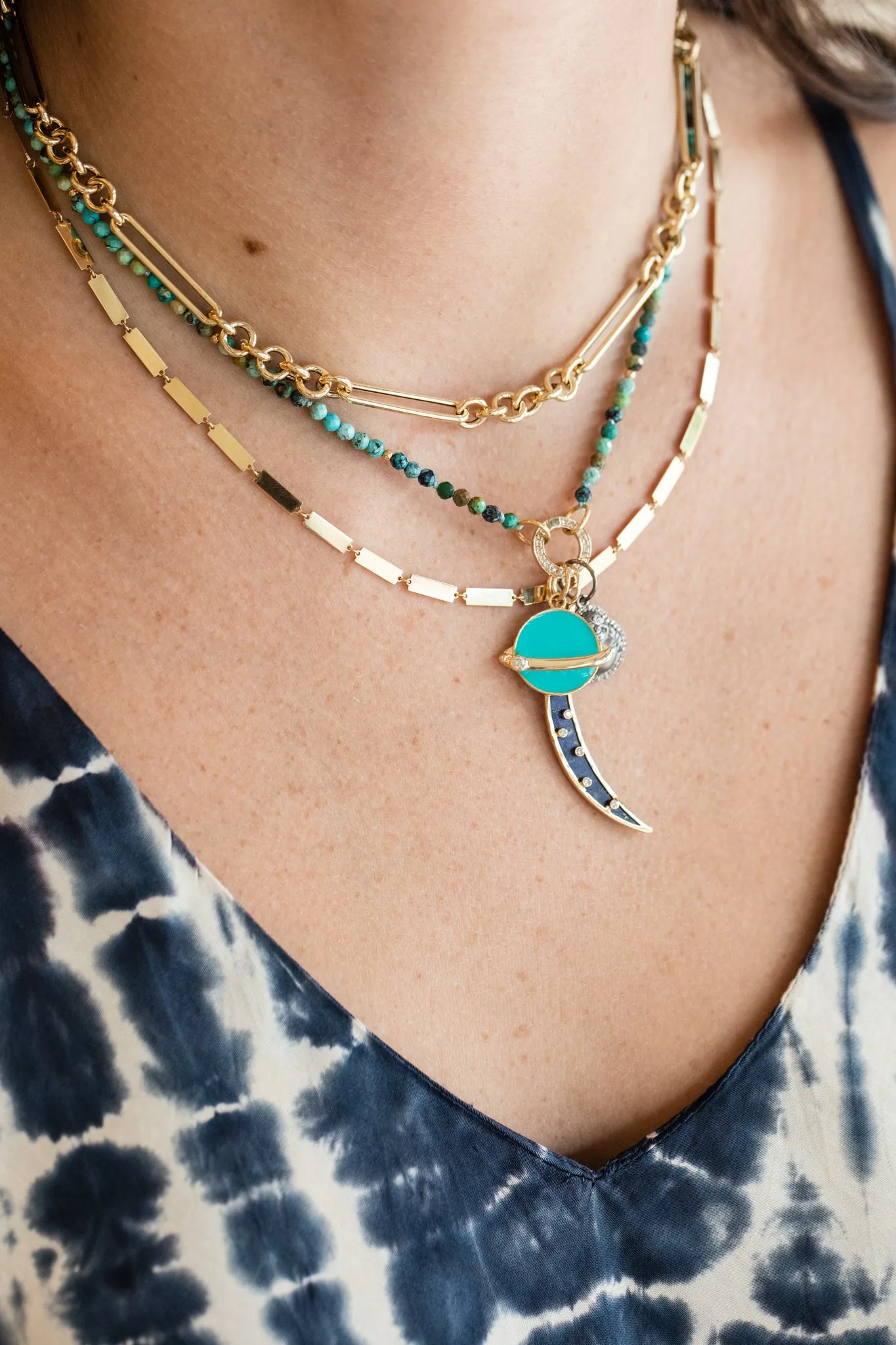 14K Gold Turquoise Enamel Planet Charm