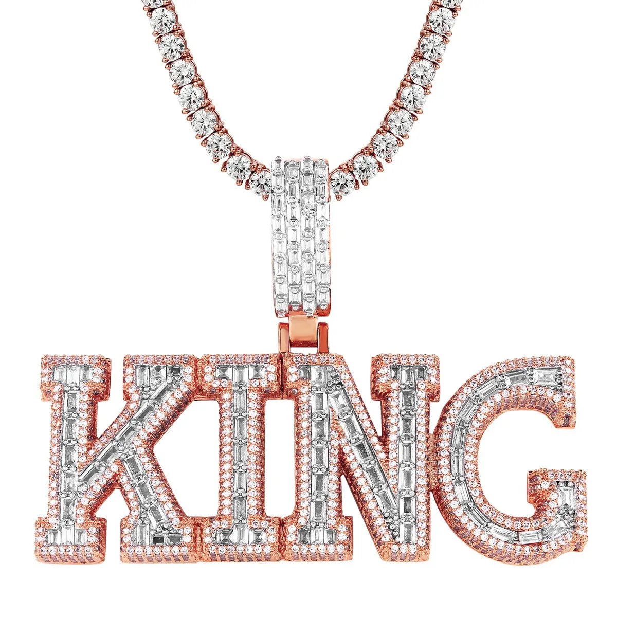 14K Rose Gold Tone King Crown Baguette Icy Custom Pendant Full Icy