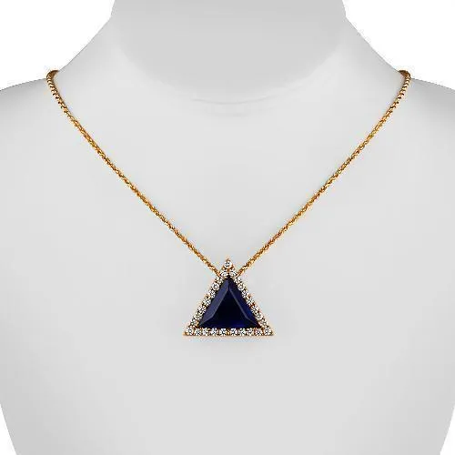 14K Solid Rose Gold Triangular Diamond Pendant with Blue Sapphire 3.00 Ctw