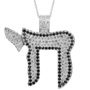 14K White Solid Gold Mens Custom Diamond Chai Pendant with Black Diamonds 11.50 Ctw