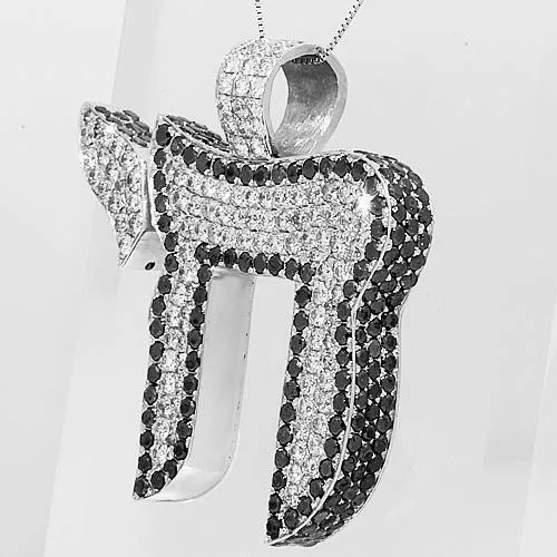 14K White Solid Gold Mens Custom Diamond Chai Pendant with Black Diamonds 11.50 Ctw