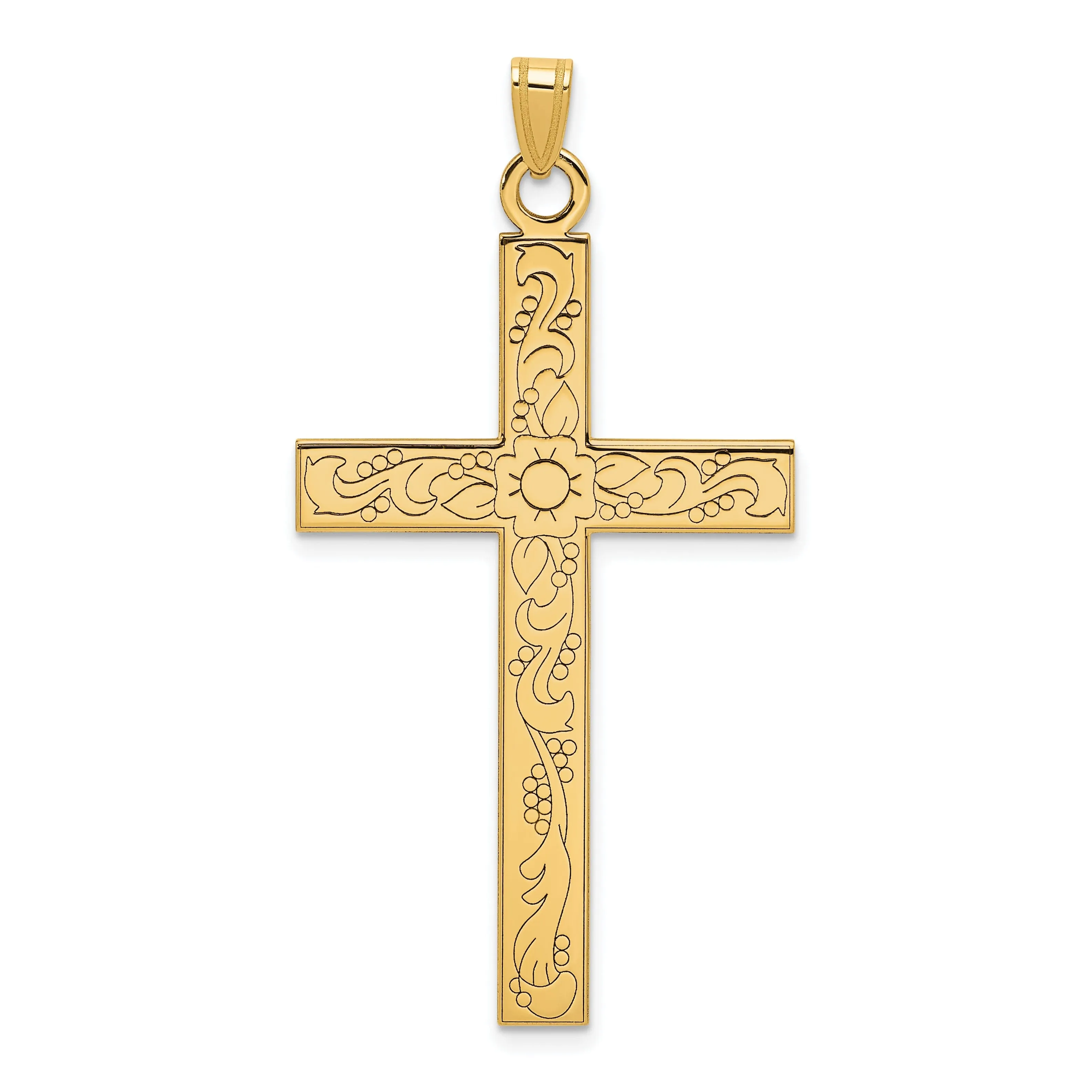 14k Yellow Gold Floral Design Cross Pendant