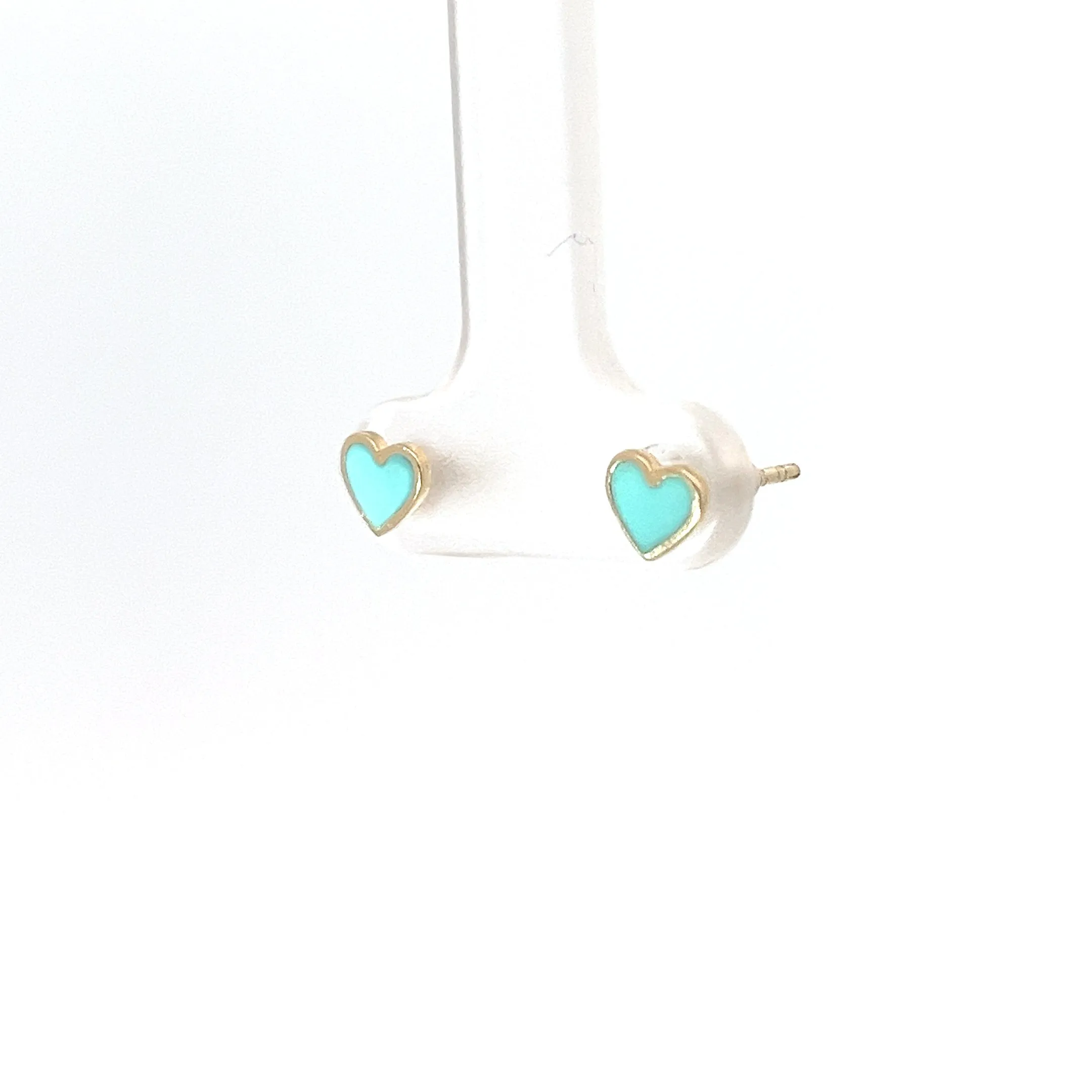 14k Yellow Gold Light Turquoise Enamel Heart Stud Earrings