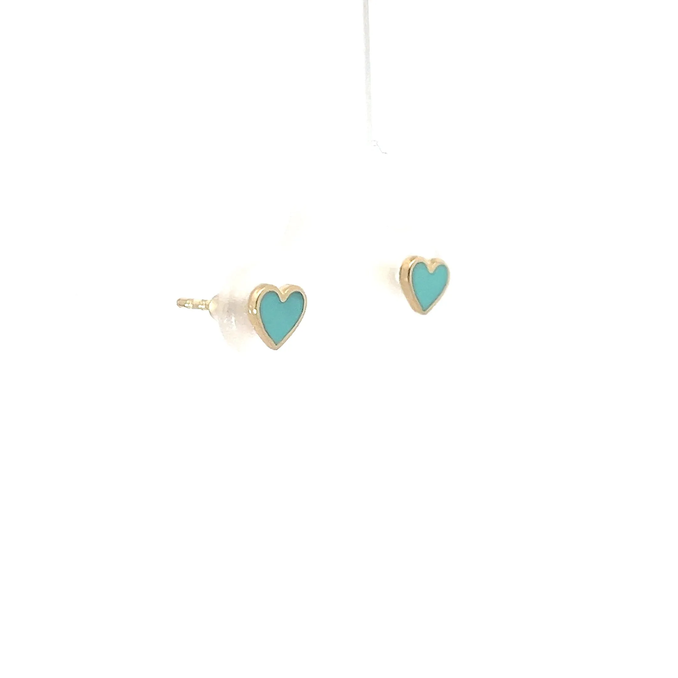 14k Yellow Gold Light Turquoise Enamel Heart Stud Earrings