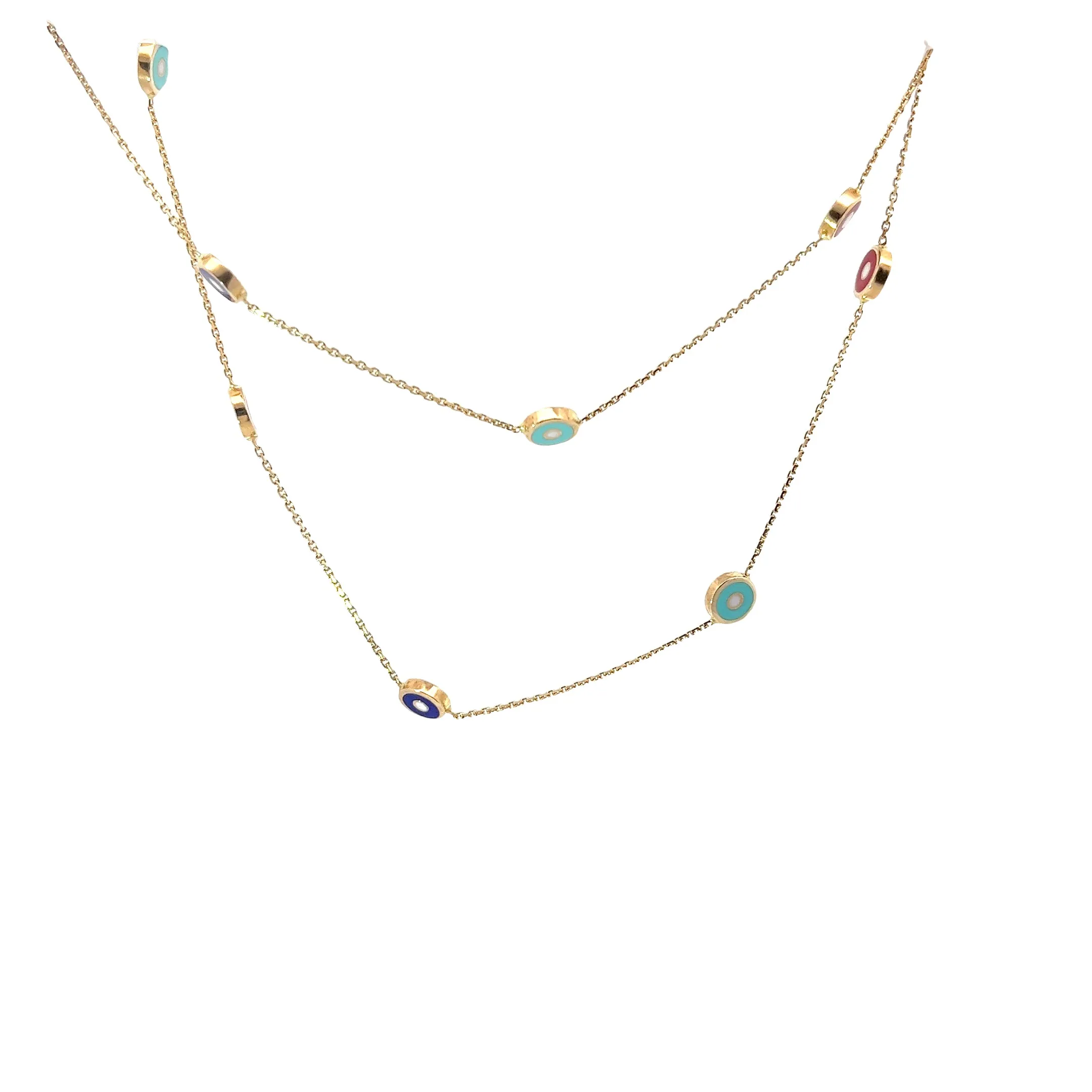 14k Yellow Gold Mix Color Enamel Evil Eye Necklace
