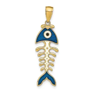 14k Yellow Gold Polished Finish 3-D with Blue Enamel Fish Bone Design Charm