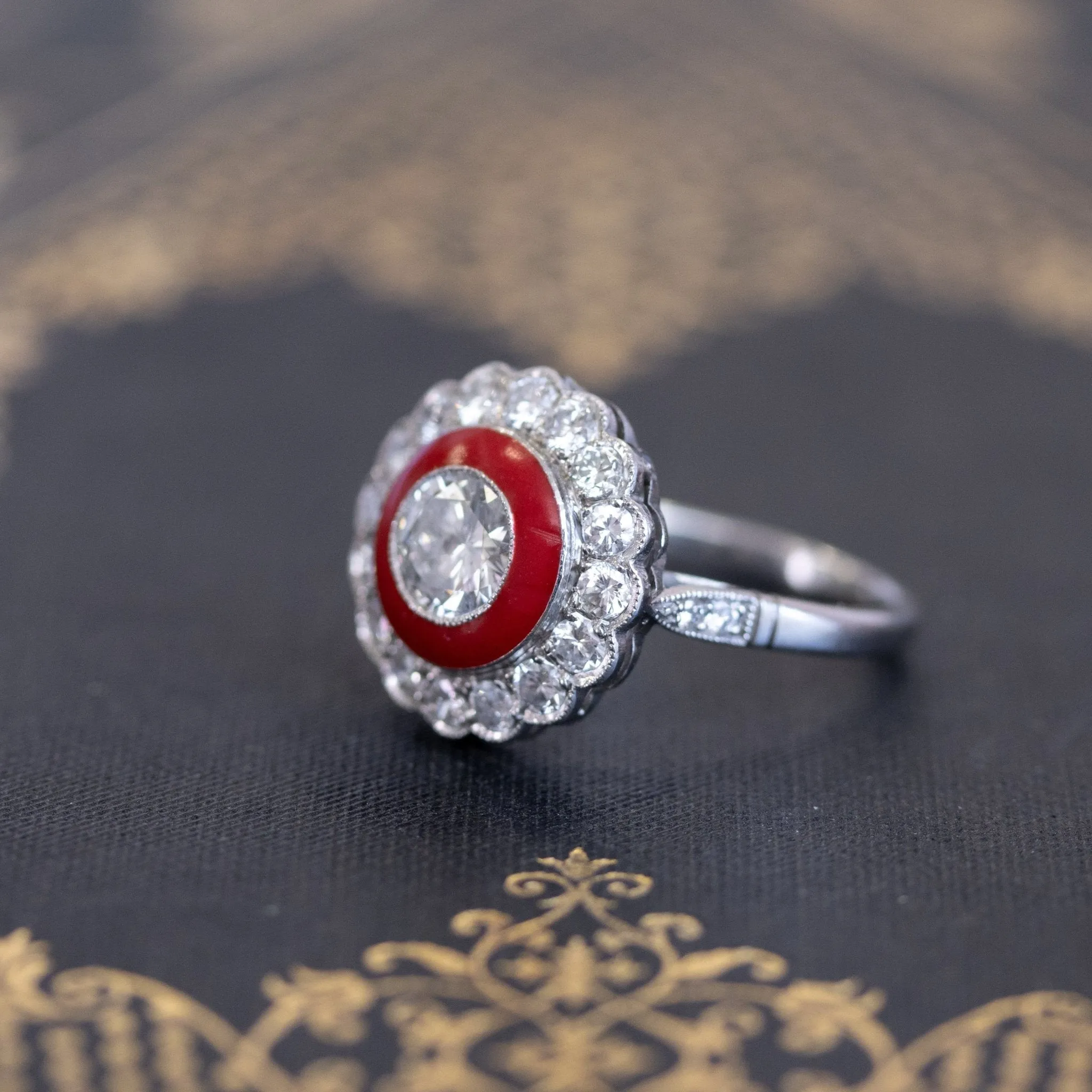 1.53ctw (est) Art Deco Diamond Enamel Target Ring