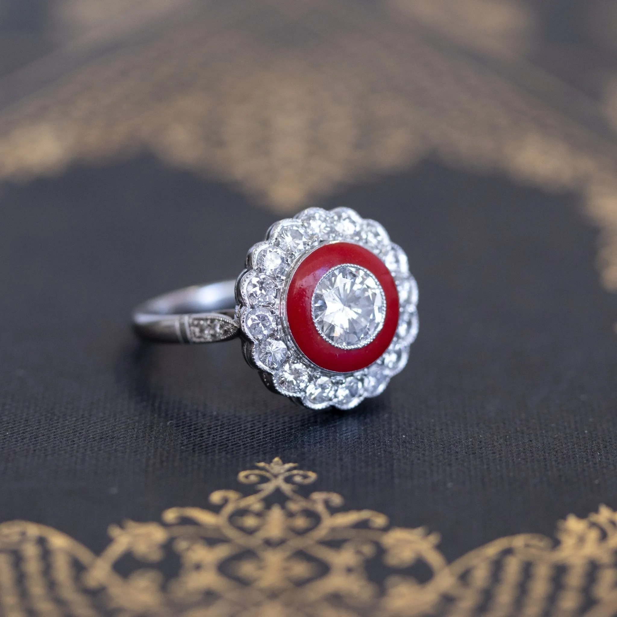 1.53ctw (est) Art Deco Diamond Enamel Target Ring