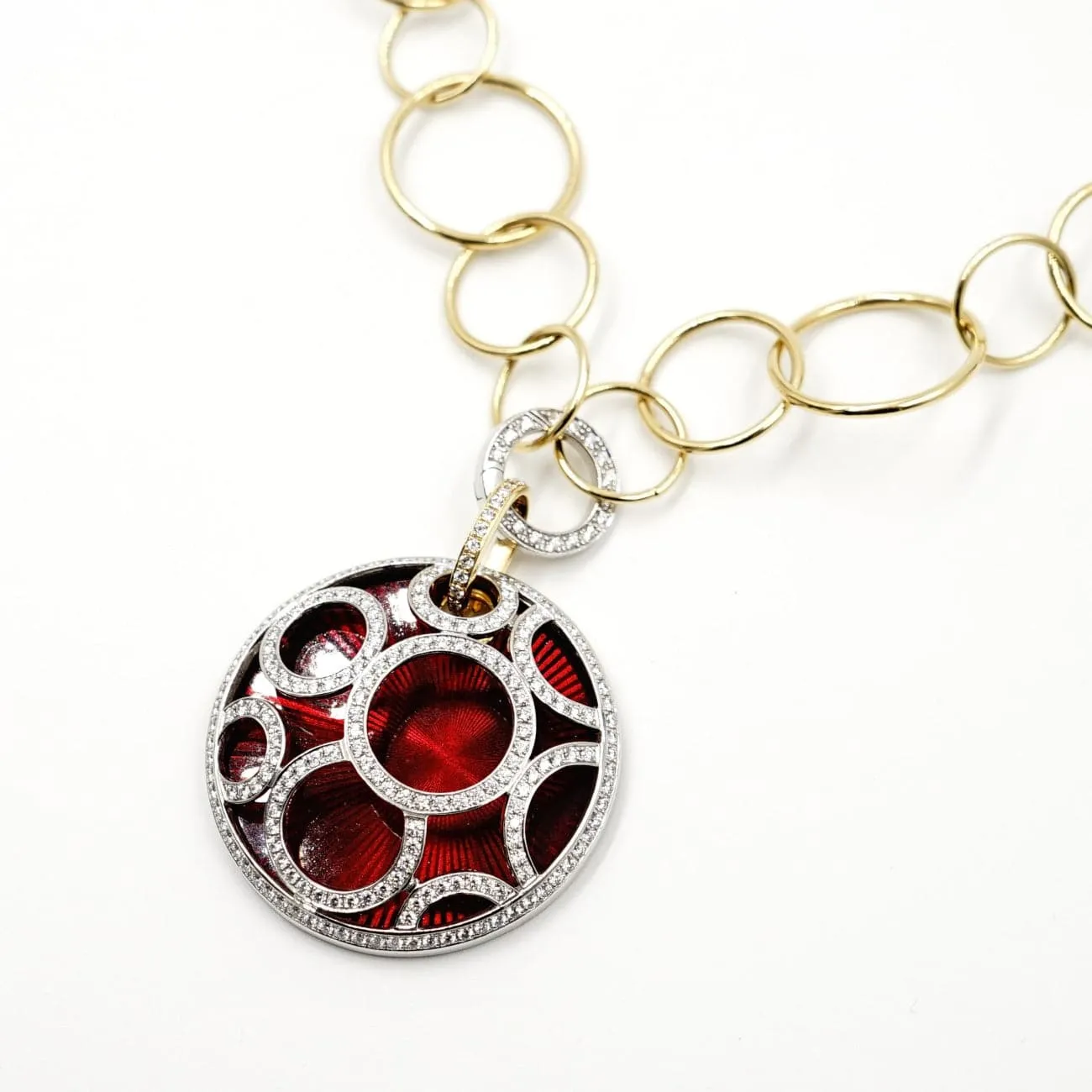 18K Yellow and White Gold Red Enamel and Pavè Diamond Pendant Necklace