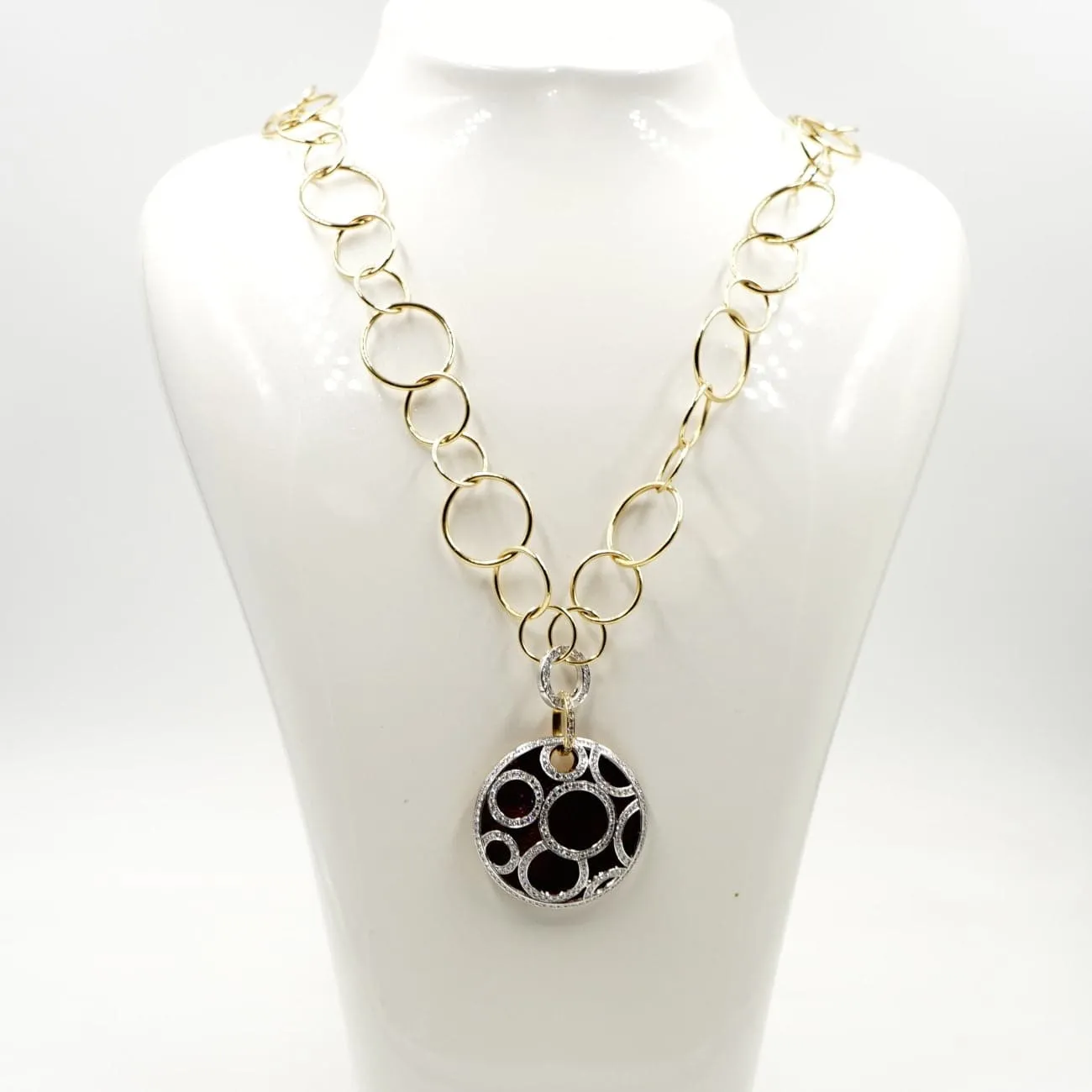 18K Yellow and White Gold Red Enamel and Pavè Diamond Pendant Necklace