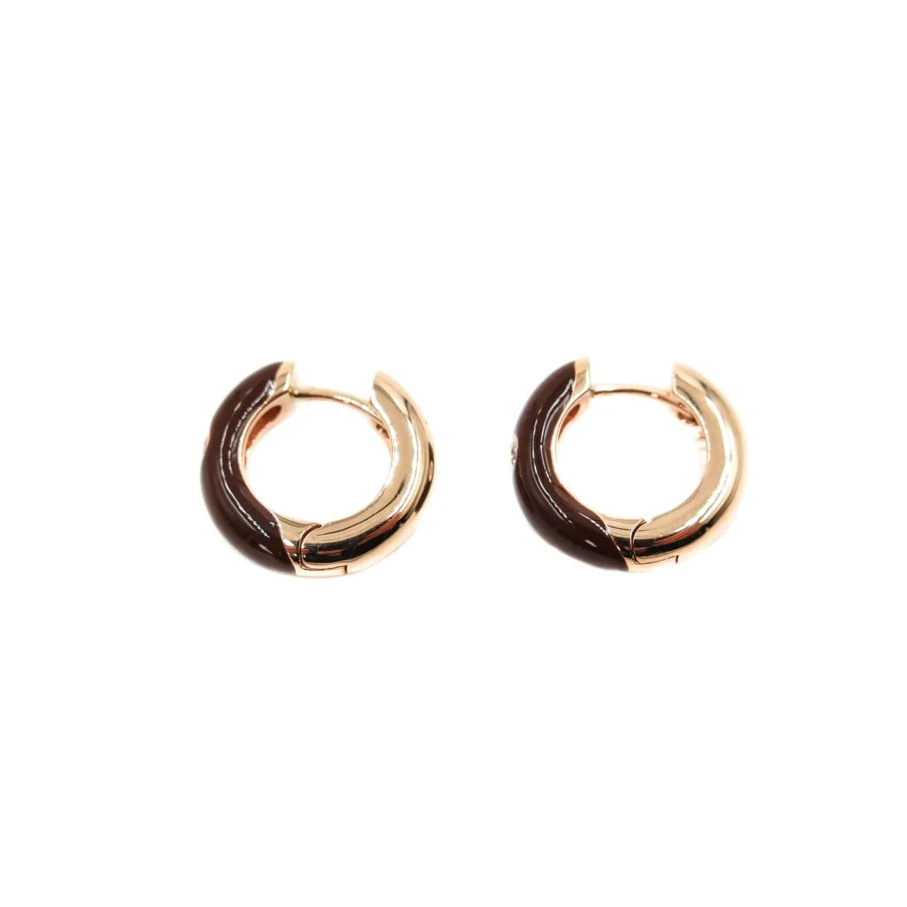 18K Yellow Gold Chocolate Brown Enamel Diamond Hoop Earrings