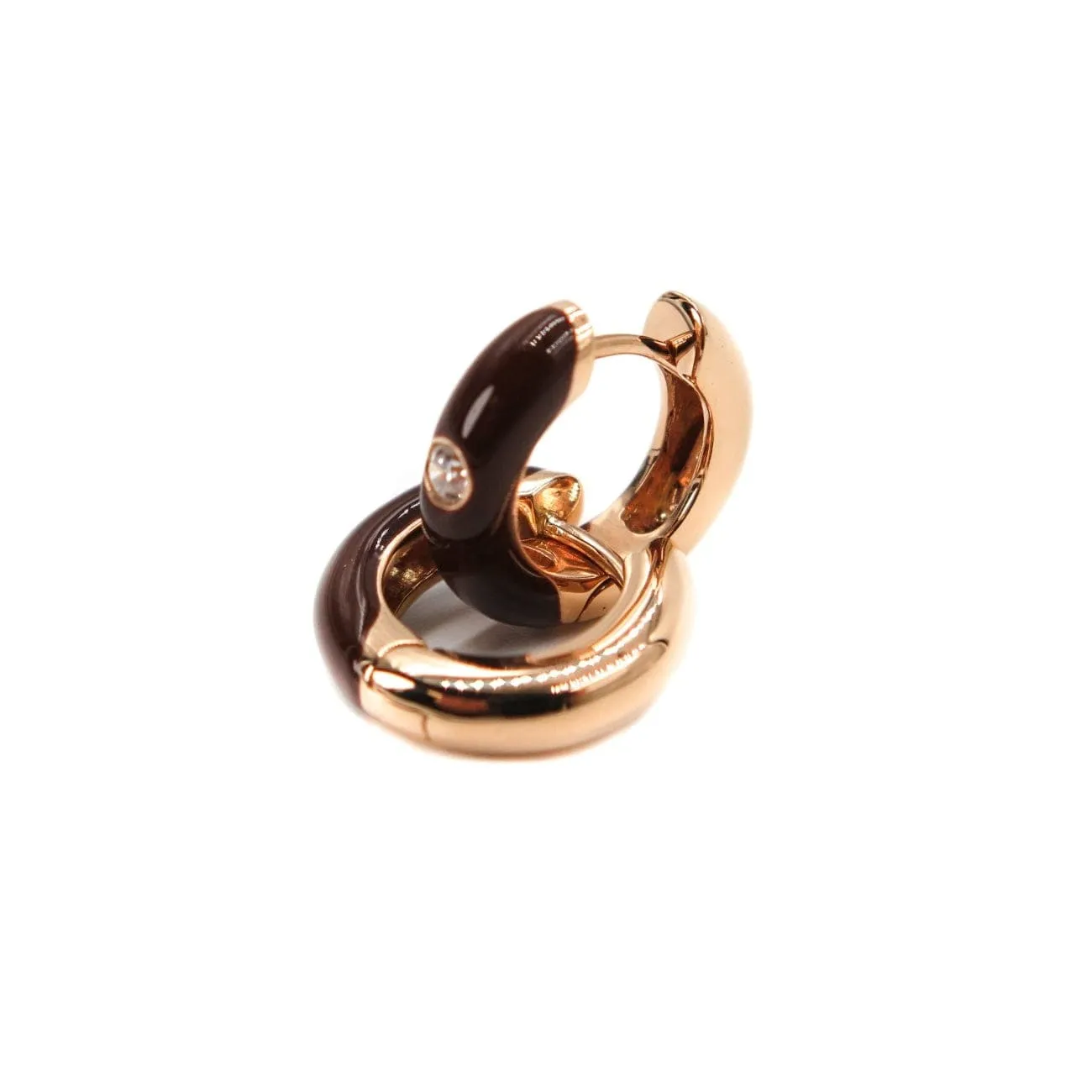 18K Yellow Gold Chocolate Brown Enamel Diamond Hoop Earrings