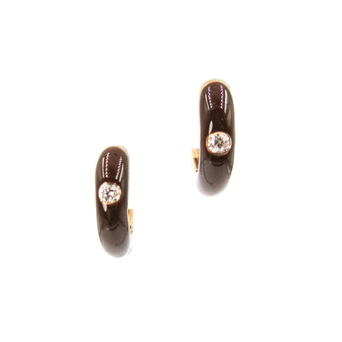 18K Yellow Gold Chocolate Brown Enamel Diamond Hoop Earrings