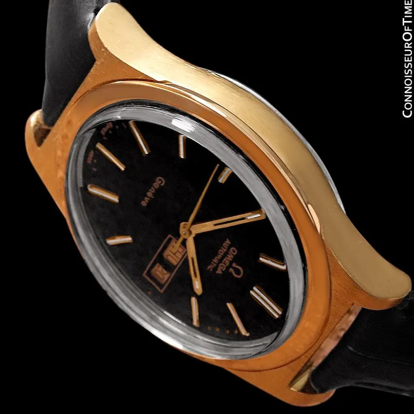 1970's Omega Geneve Classic Vintage Mens Watch, Automatic, Day Date - 18K Gold Plated & Stainless Steel