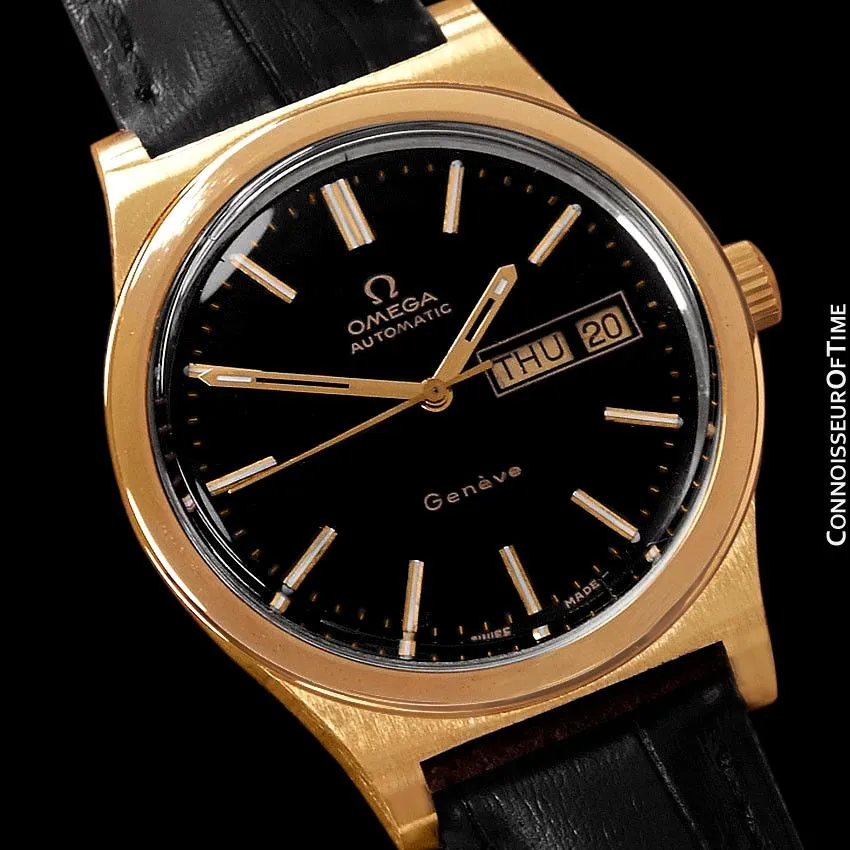 1970's Omega Geneve Classic Vintage Mens Watch, Automatic, Day Date - 18K Gold Plated & Stainless Steel