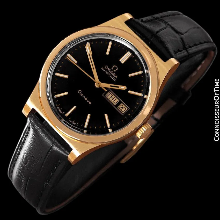 1970's Omega Geneve Classic Vintage Mens Watch, Automatic, Day Date - 18K Gold Plated & Stainless Steel