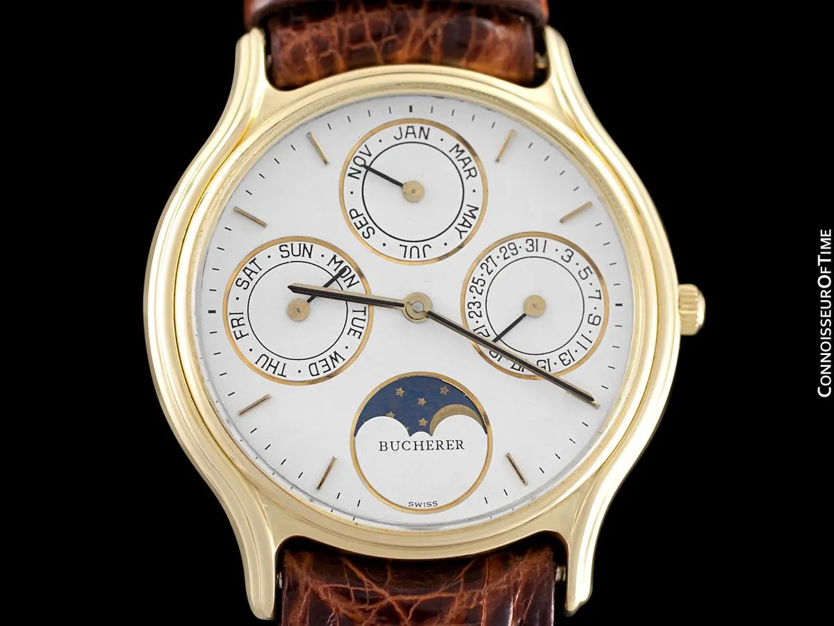 1980's Bucherer (Carl F. Bucherer) Vintage Mens Triple Calendar Quantième with Moonphase - 18K Gold