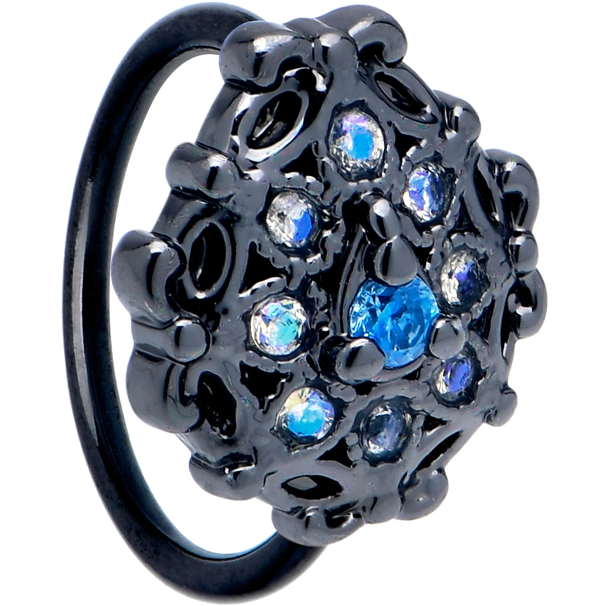 20 Gauge 5/16 Blue Aurora Gem Black Night Blossom Nose Hoop