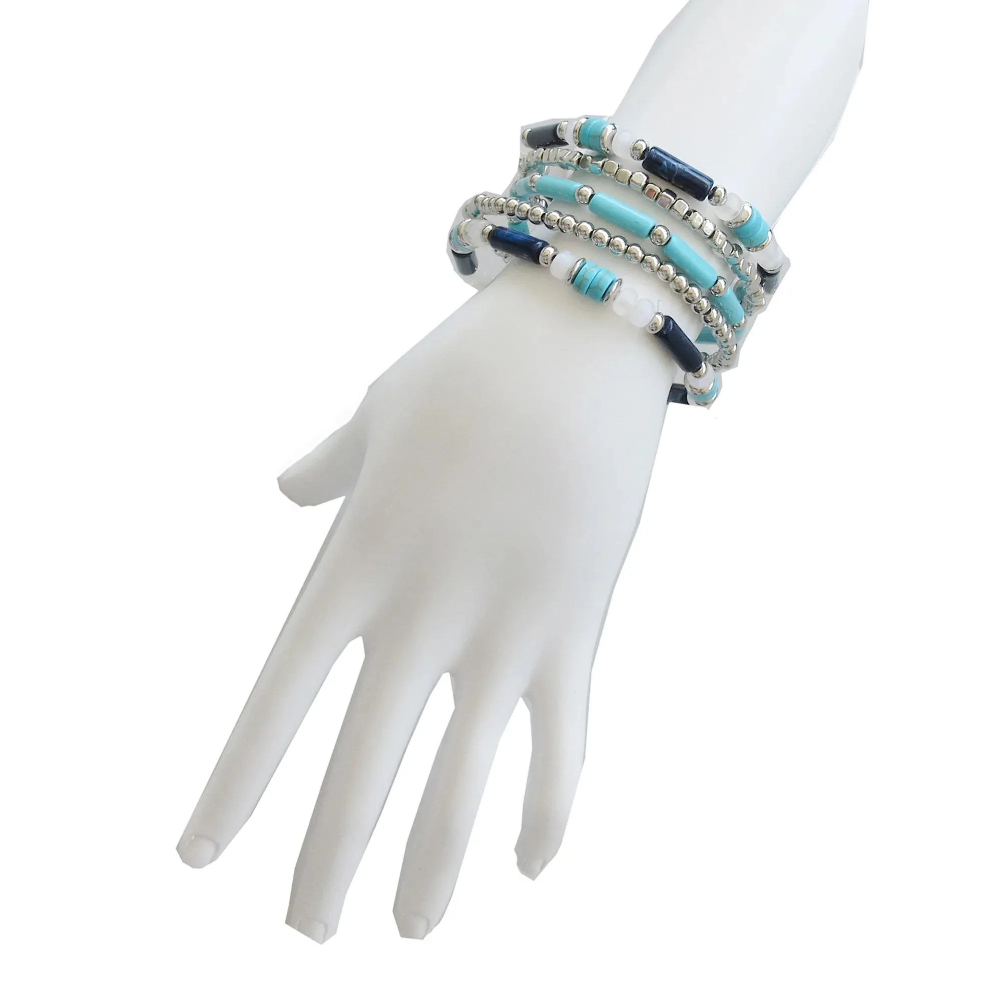 5Pcs Silver and  Mixed Color Stretch Bracelet #GFB1521X(NA16)