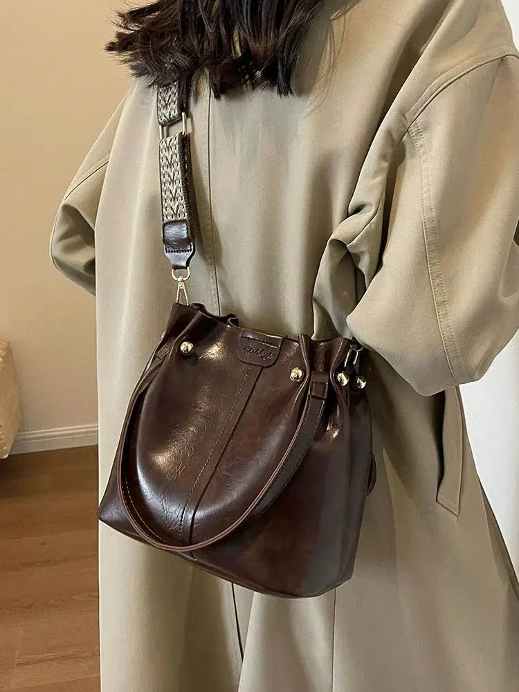 Adjustable Strap Leather Bucket Bag