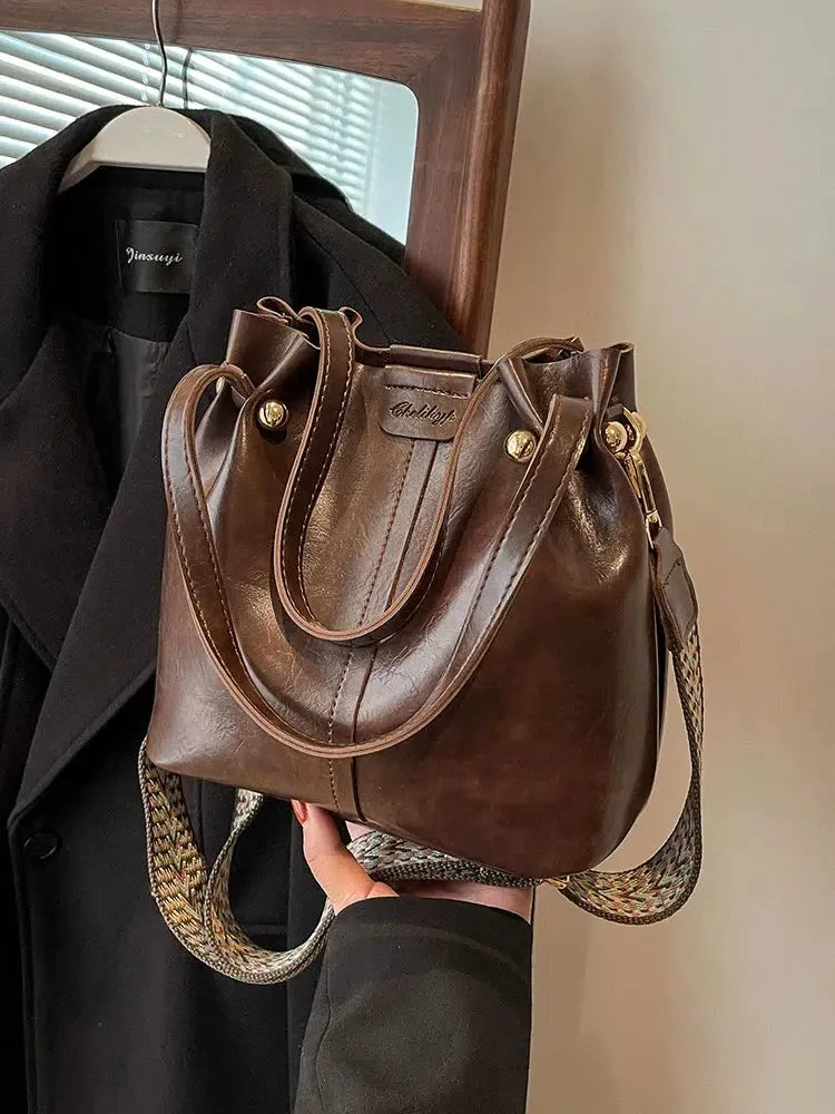 Adjustable Strap Leather Bucket Bag