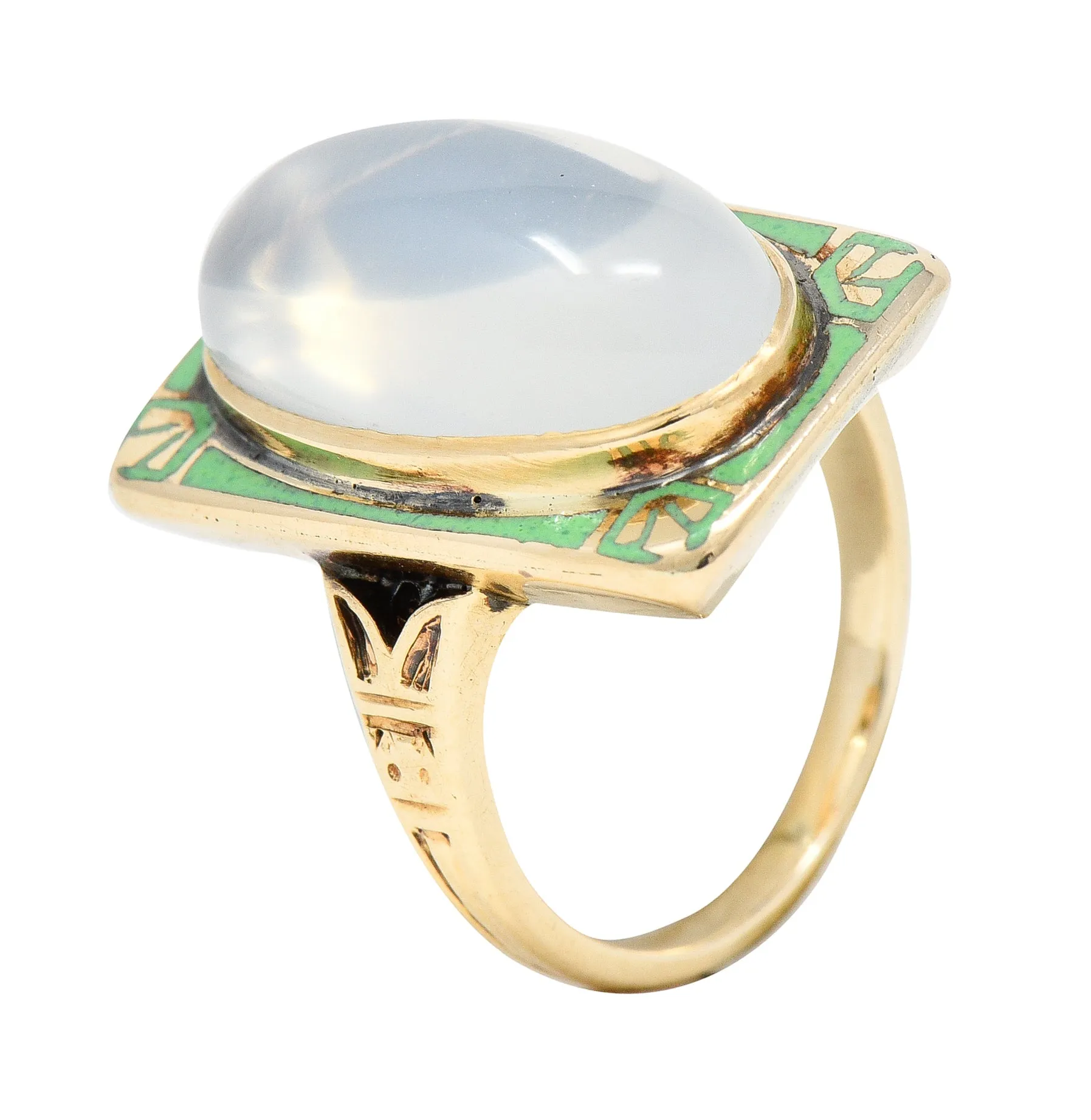 Allsop Bros. Art Nouveau Moonstone Cabochon Enamel 10 Karat Yellow Gold Antique Gemstone Ring