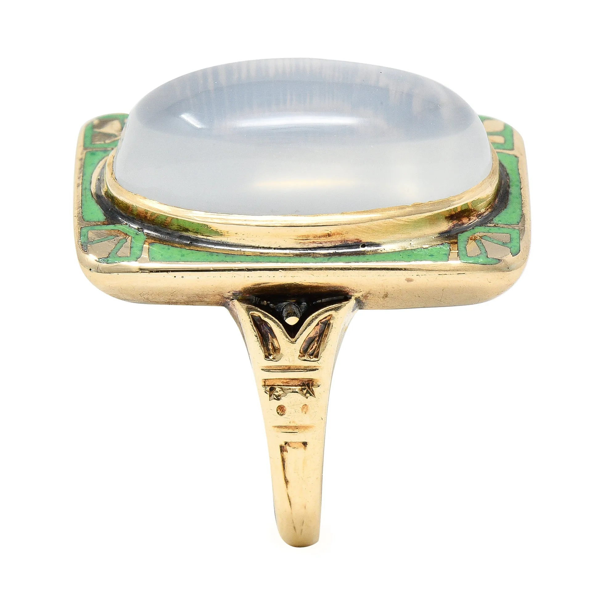 Allsop Bros. Art Nouveau Moonstone Cabochon Enamel 10 Karat Yellow Gold Antique Gemstone Ring