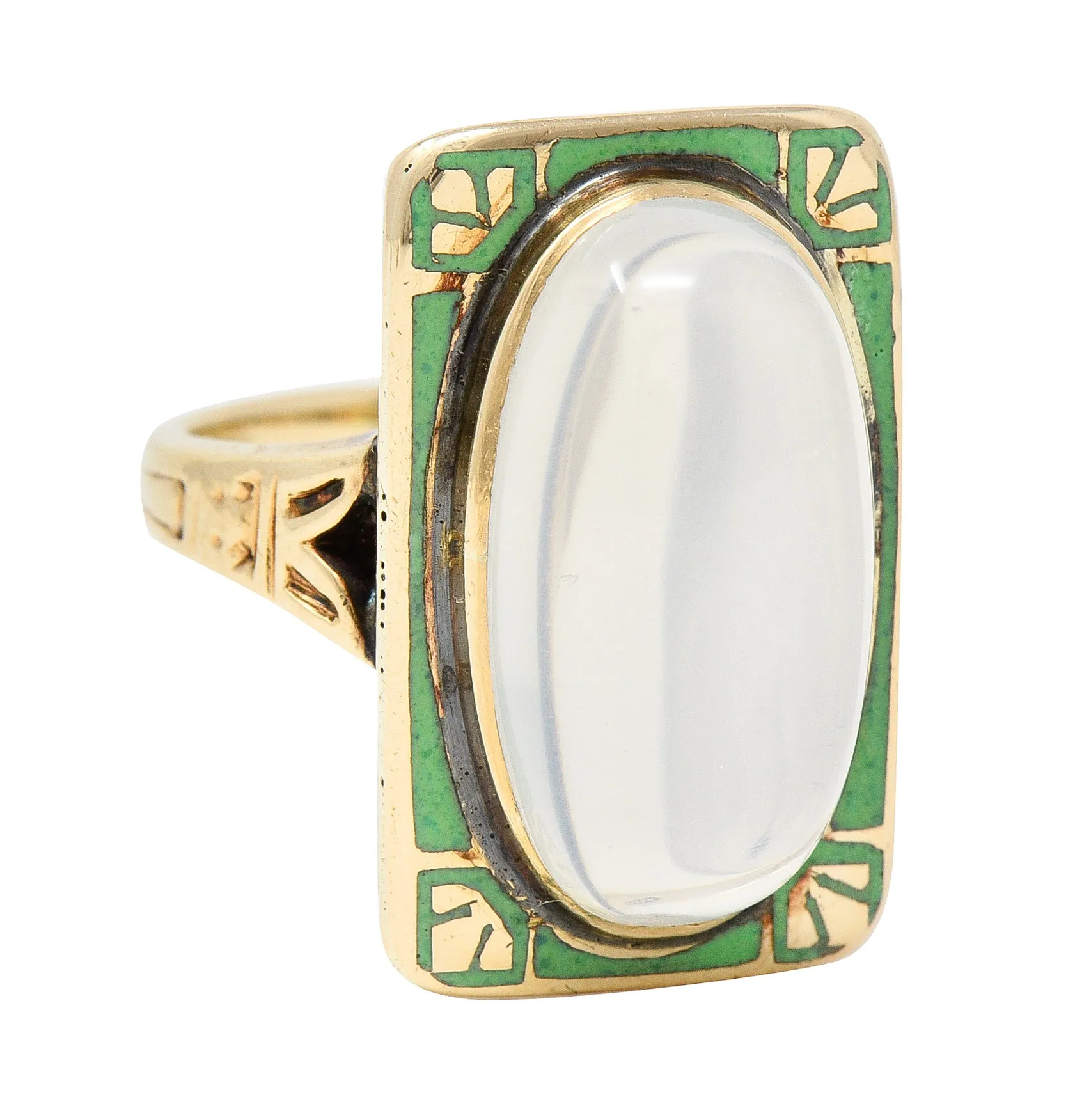 Allsop Bros. Art Nouveau Moonstone Cabochon Enamel 10 Karat Yellow Gold Antique Gemstone Ring