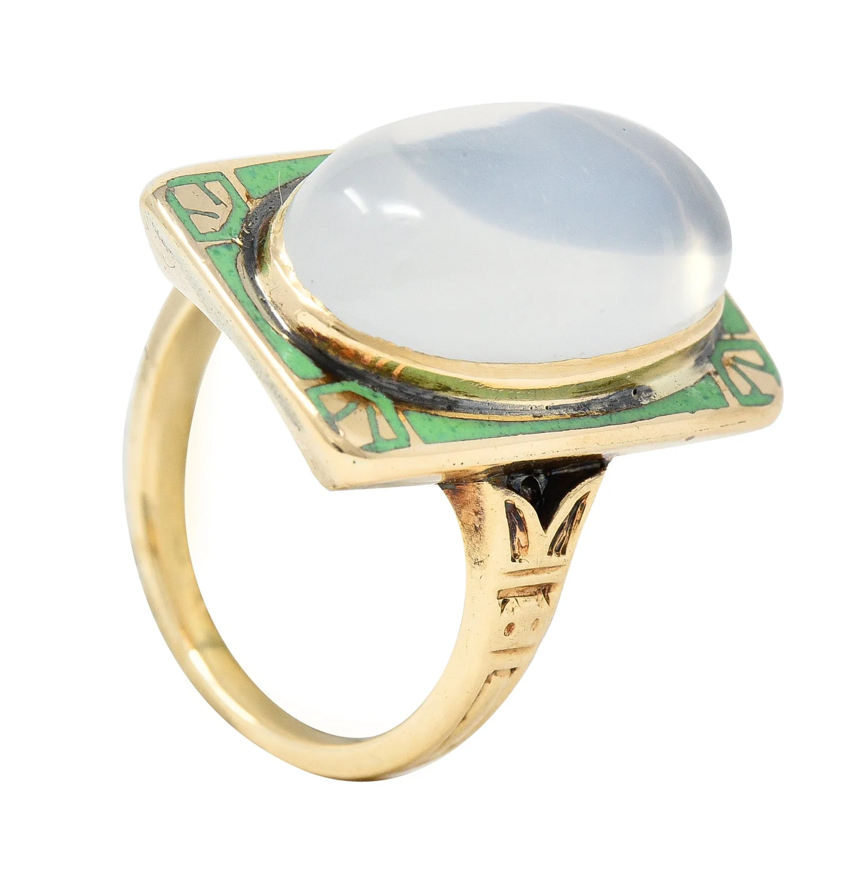 Allsop Bros. Art Nouveau Moonstone Cabochon Enamel 10 Karat Yellow Gold Antique Gemstone Ring