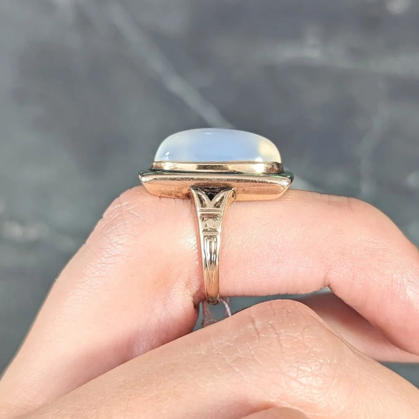 Allsop Bros. Art Nouveau Moonstone Cabochon Enamel 10 Karat Yellow Gold Antique Gemstone Ring