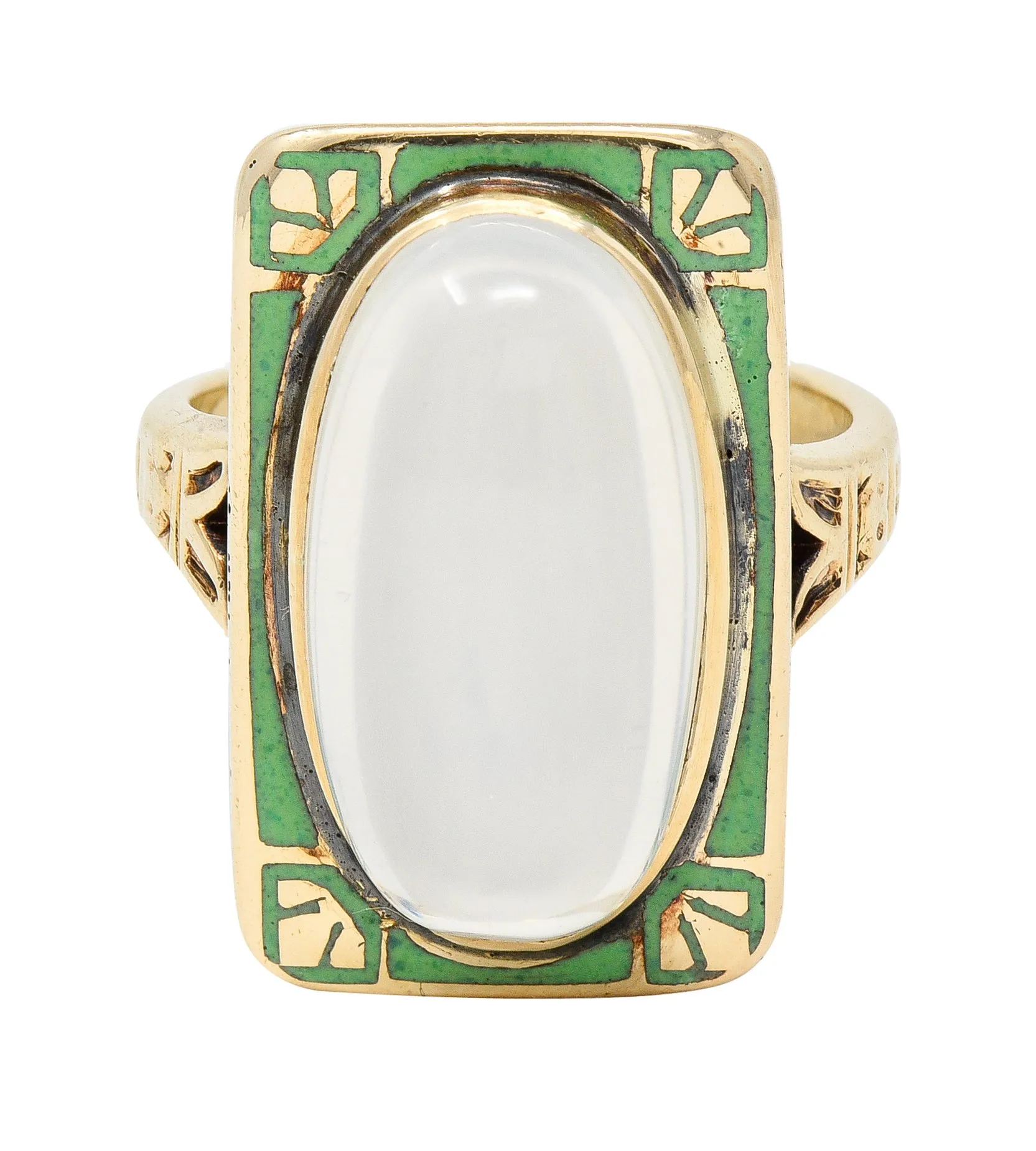 Allsop Bros. Art Nouveau Moonstone Cabochon Enamel 10 Karat Yellow Gold Antique Gemstone Ring