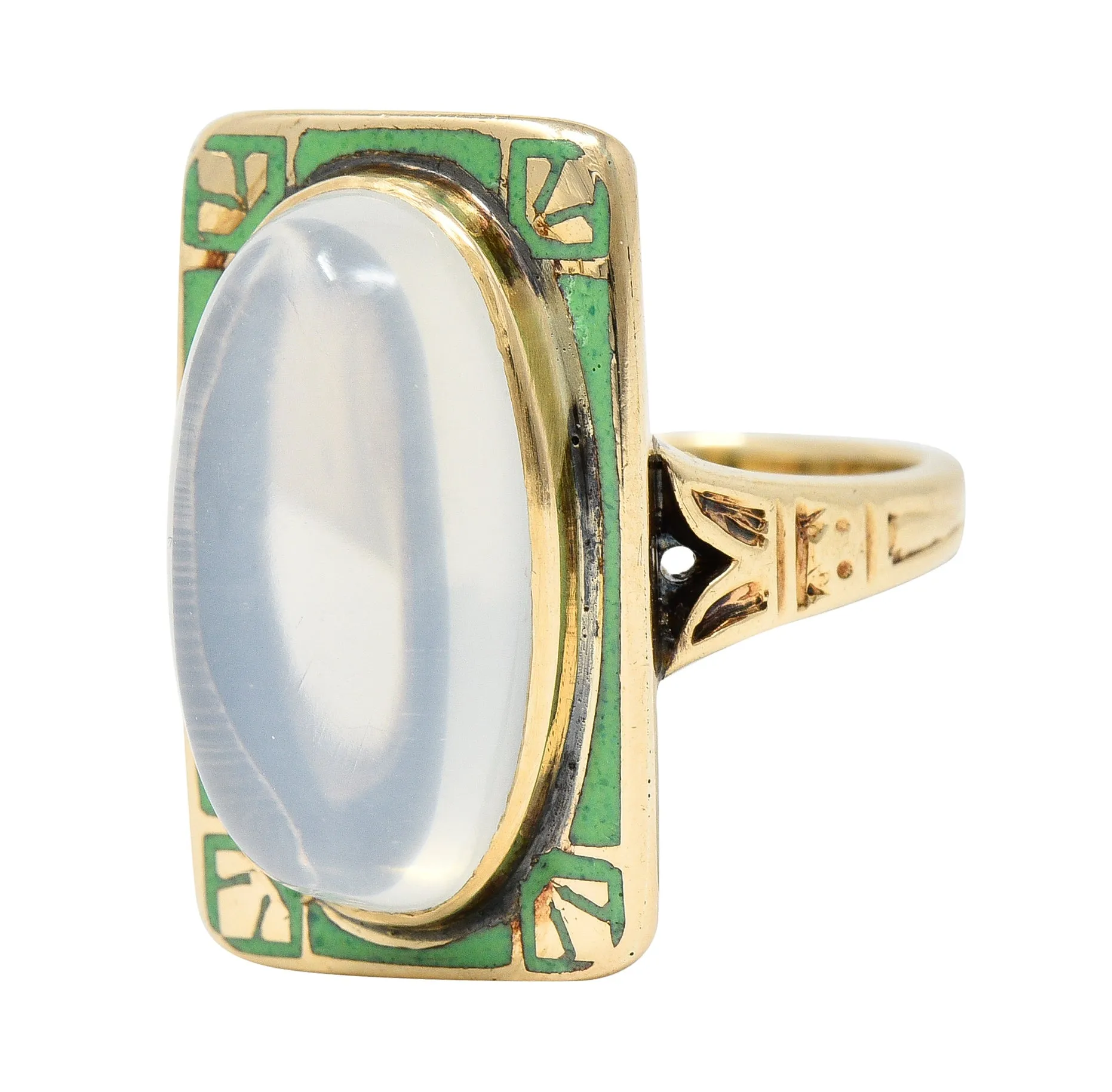 Allsop Bros. Art Nouveau Moonstone Cabochon Enamel 10 Karat Yellow Gold Antique Gemstone Ring