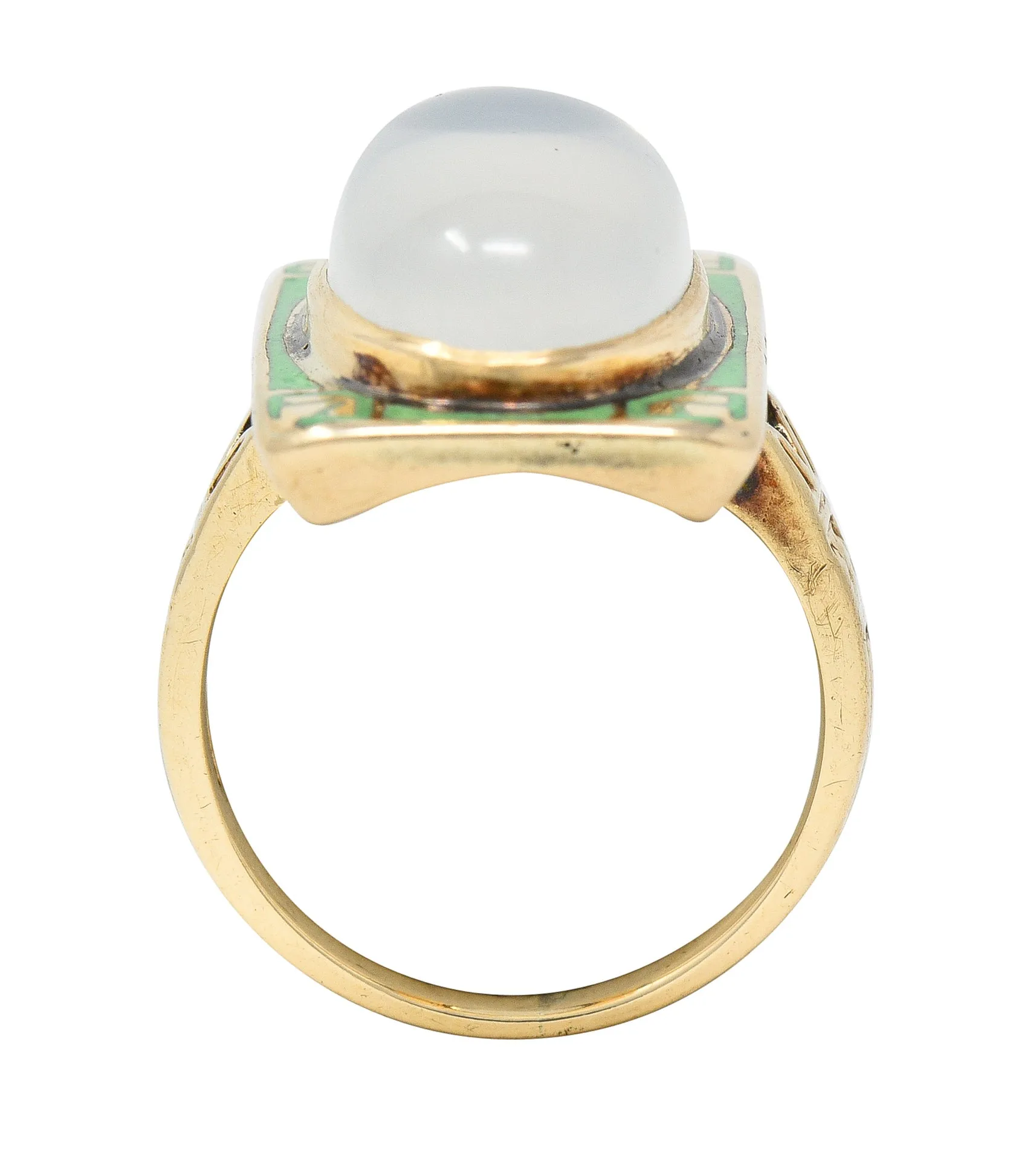 Allsop Bros. Art Nouveau Moonstone Cabochon Enamel 10 Karat Yellow Gold Antique Gemstone Ring
