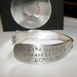 And the greatest of these is love vintage silverware cuff, personalized hand stamped cuff bracelet, custom spoon jewelry anniversary gift