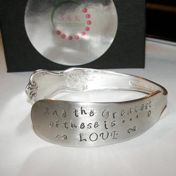 And the greatest of these is love vintage silverware cuff, personalized hand stamped cuff bracelet, custom spoon jewelry anniversary gift
