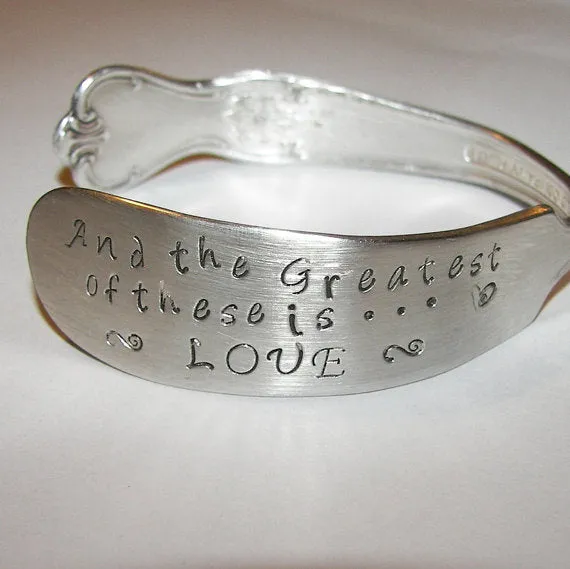 And the greatest of these is love vintage silverware cuff, personalized hand stamped cuff bracelet, custom spoon jewelry anniversary gift
