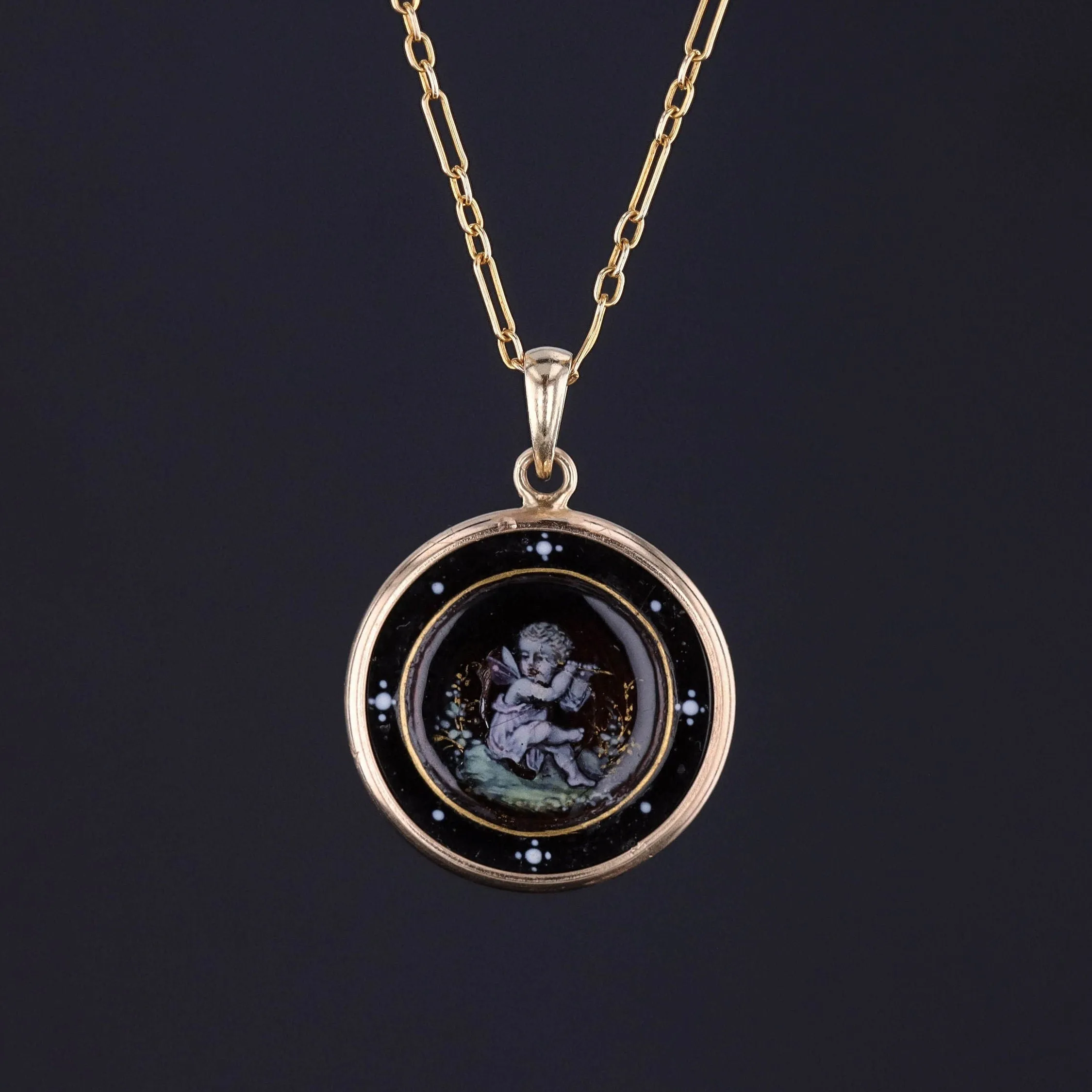 Antique Enamel Cherub Conversion Pendant of 14k Gold