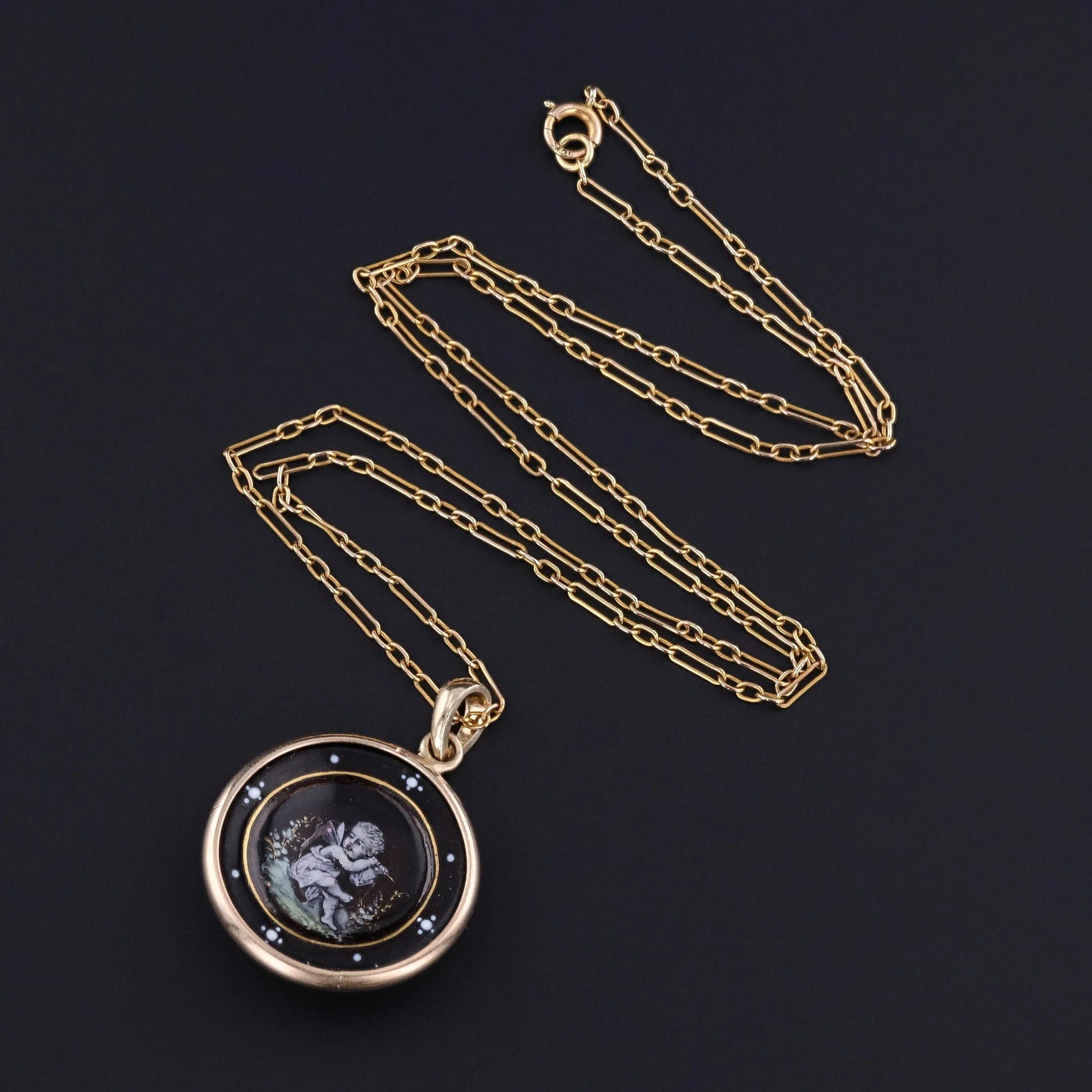 Antique Enamel Cherub Conversion Pendant of 14k Gold