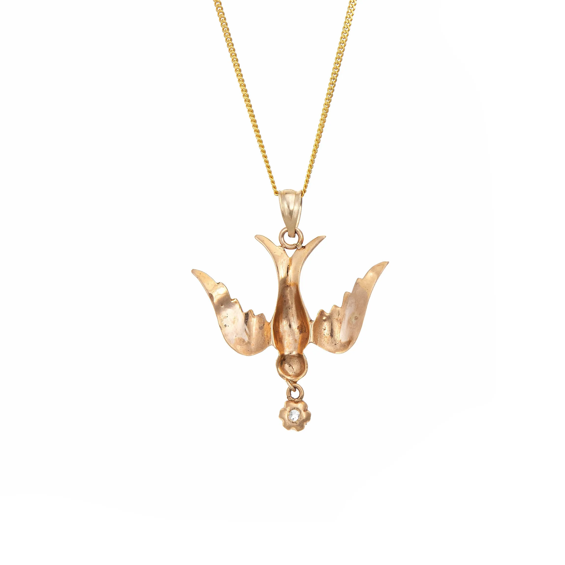 Antique Victorian Swallow Pendant Necklace 14k Yellow Gold Diamond Seed Pearls