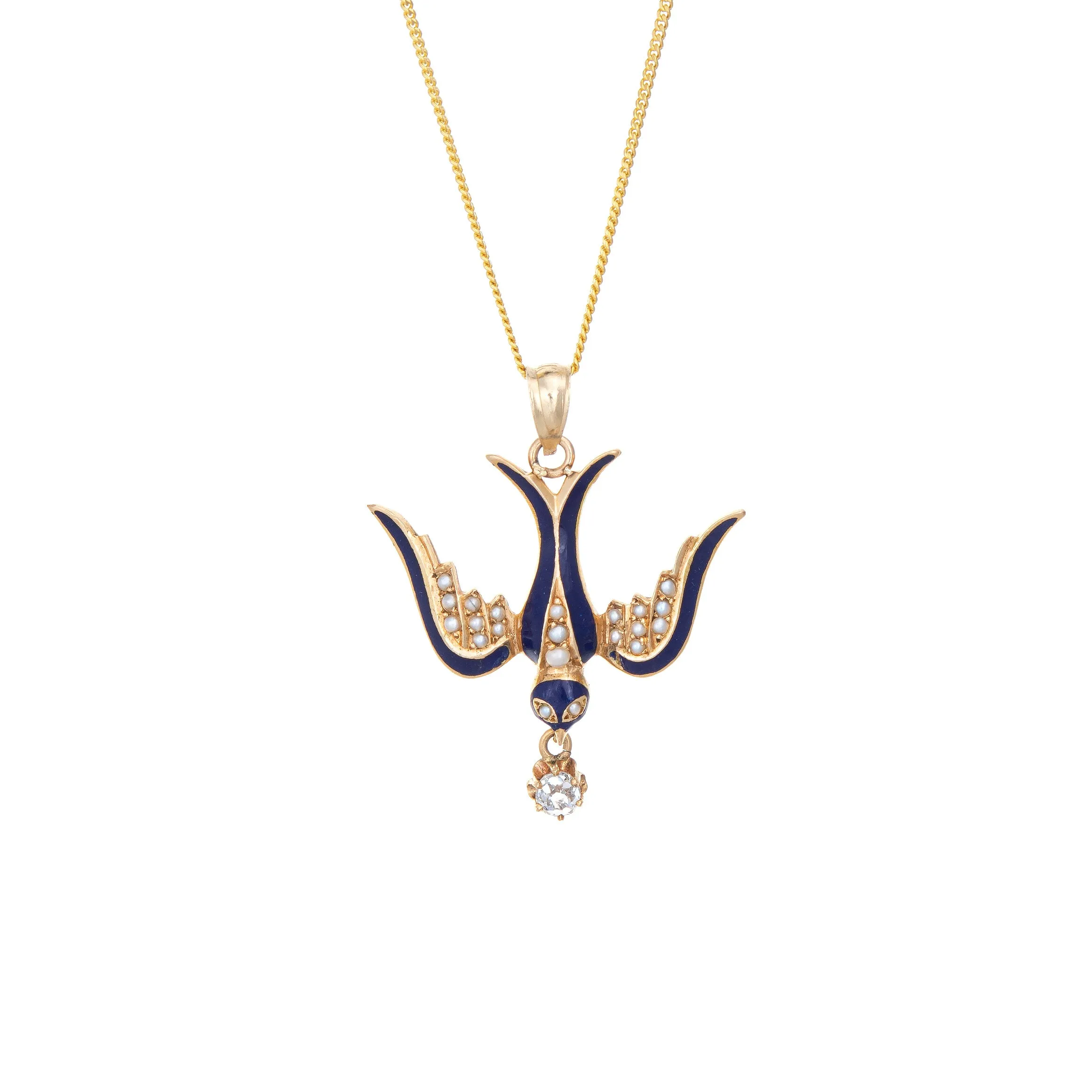 Antique Victorian Swallow Pendant Necklace 14k Yellow Gold Diamond Seed Pearls