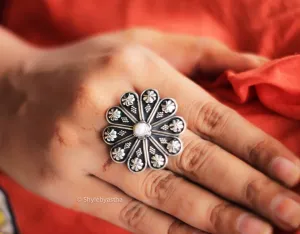 Anvaya Pearl Studded Floral Art Ring