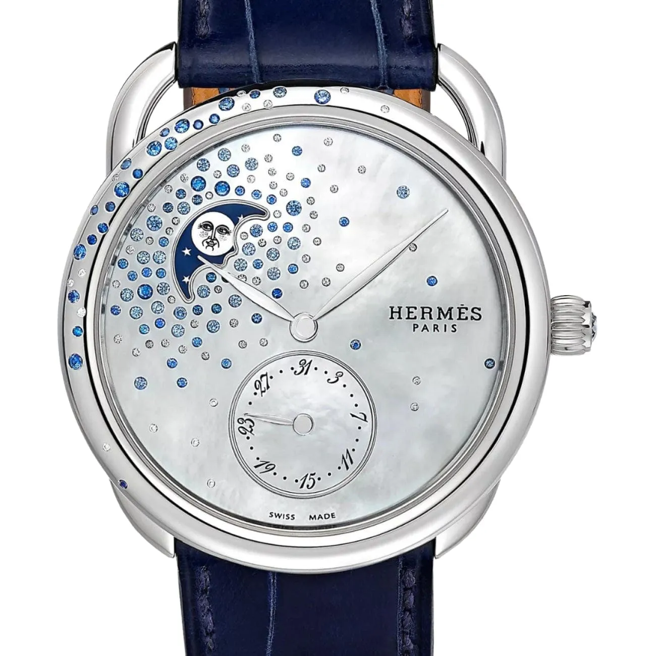 ARCEAU - MOTHER OF PEARL MOON PHASE PETITE LUNE DIAMOND & SAPPHIRE LARGE WATCH
