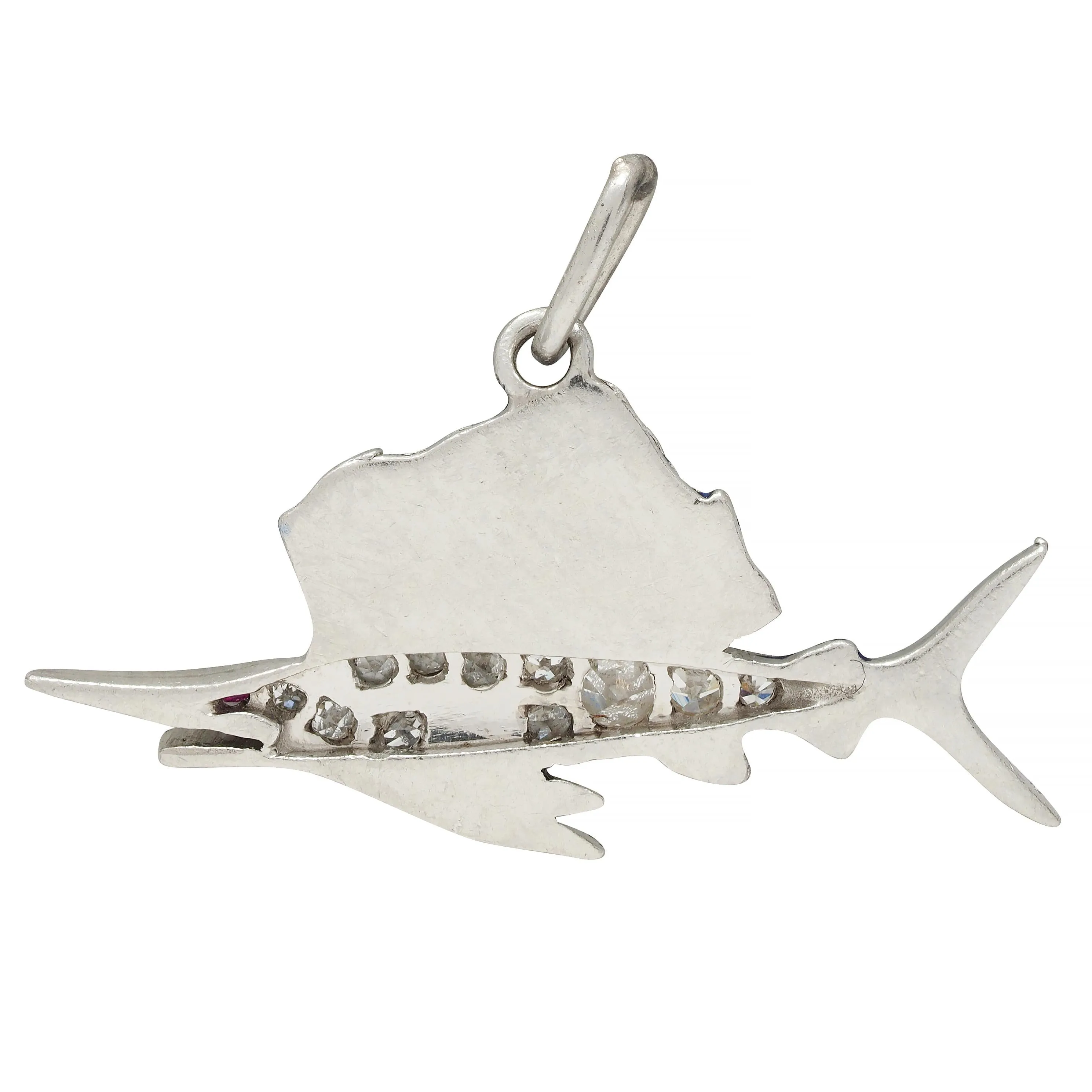 Art Deco Diamond Enamel Ruby Platinum Swordfish Vintage Charm