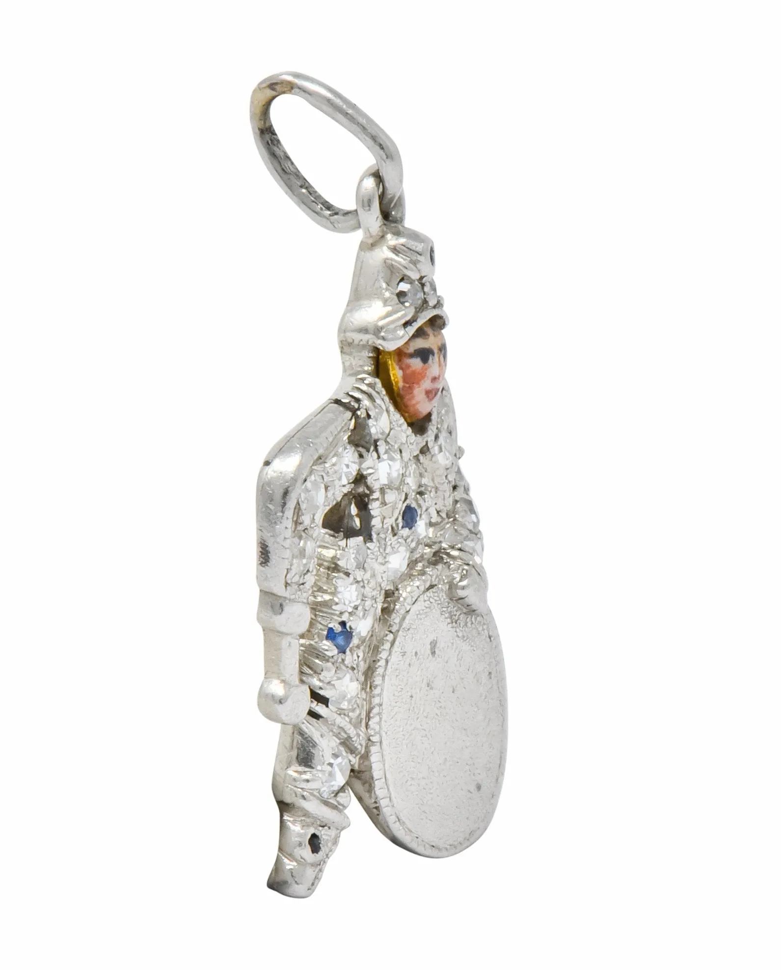 Art Deco Enrico Caruso Diamond Enamel Sapphire Platinum Drummer Charm