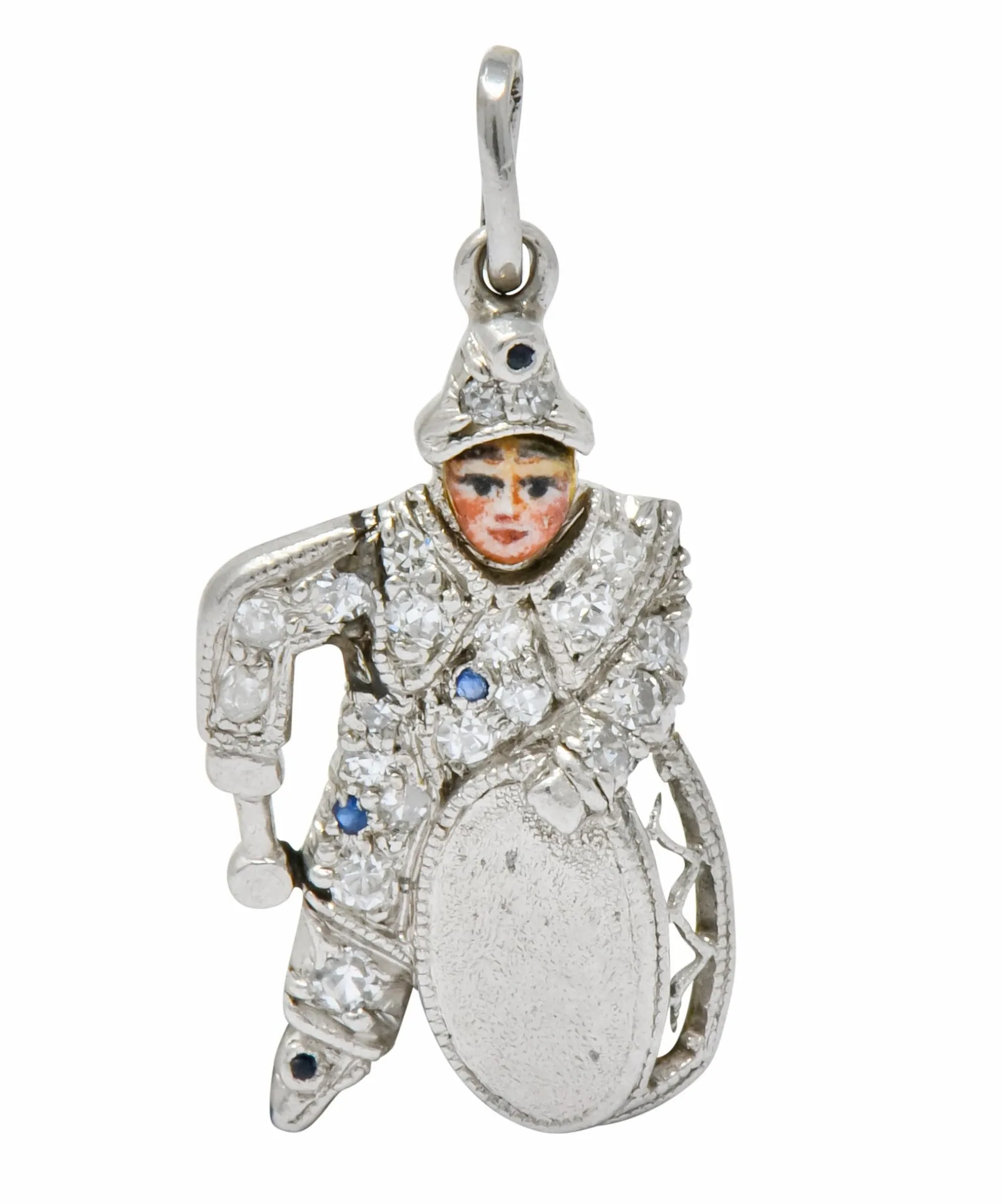 Art Deco Enrico Caruso Diamond Enamel Sapphire Platinum Drummer Charm