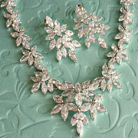 Art Deco Floral Leaves Cubic Zirconia Wedding Jewelry Set, CZ Crystal Bridal Jewelry Set, Wedding Necklace Set, Crystal Necklace Earring Set